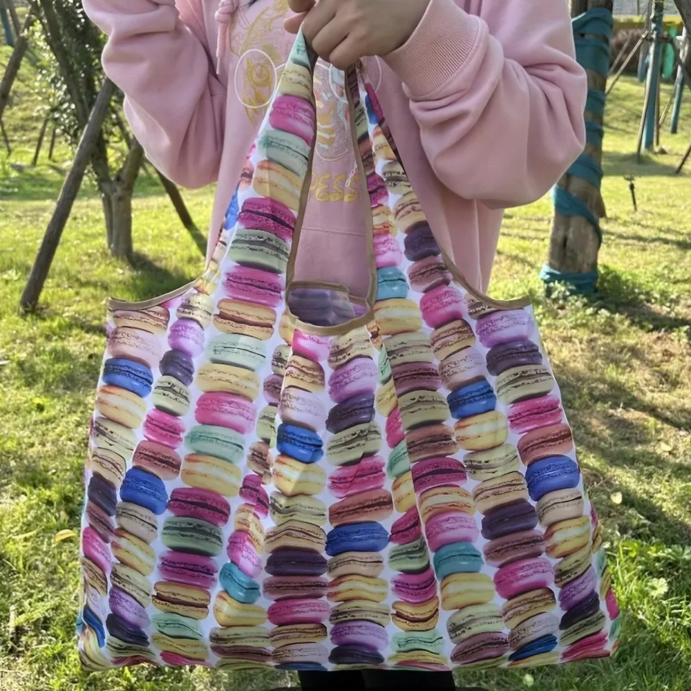 NEW Macaron print foldable reusable shopping tote bag
